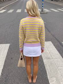 Light Purple & Yellow Striped Knit Cardigan, Round Neck Wavy Hem Single-Breasted Long Sleeve Sweater Jacket - Pale Purple-yellow - View 5