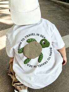 Young Boys Ocean Theme Printed T-Shirt, Cartoon Turtle Patchwork And Round Letter Back Print, Breathable Summer Casual Short Sleeve Shirt - White - View 7