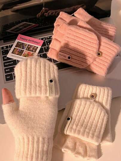 Gants tricotés à demi-doigts à double usage avec rabat couleur macaron, gants tricotés sans doigts épais et chauds pour femmes en automne/hiver, gants de protection chauds polyvalents pour hommes, étudiants, salle de classe, bureau, écran tactile, trajets et cyclisme