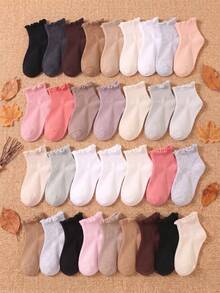 10 Pairs Baby & Toddler Solid Color Soft Breathable Casual Mid-Calf Ruffle Socks, With Elastic Cuff And Ruffle Trim, Back To School, Girls Socks. - Multicolor - View 1