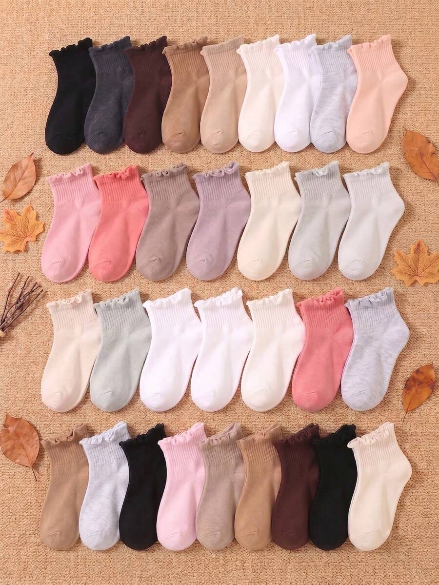 10 Pairs Baby & Toddler Solid Color Soft Breathable Casual Mid-Calf Ruffle Socks, With Elastic Cuff And Ruffle Trim, Back To School, Girls Socks. - Multicolor - View 1