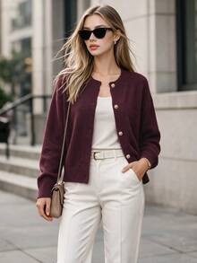 DONICY Cardigan Rajut Pendek Longgar Wanita Warna Burgundy dengan Kerah Bulat dan Kancing Emas Timbul Bergaya Vintage, Jaket Lapisan Lembut dan Nyaman untuk Pemakaian Sehari-hari di Musim Semi dan Gugur - Burgundy - View 9