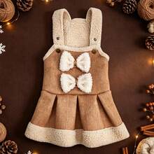 1pc Dog Dress, Double Bow Design Plush Pet Harness Dress, Suitable For Small/Medium Dogs, Puppies, Cats, Autumn/Winter Cold Weather Outings And Daily Pet Clothing - Brown - View 3