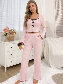 Women's Spring Autumn Winter Ribbed Solid Color Fashion Ruffle Trim Sweet Bow Lace Trim Square Neck Raglan Long Sleeve Casual Dual Pocket Pants Comfortable Loungewear 2-Piece Set - Pink - View 4