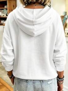 Basic Casual Women's Plus Size Drawstring Hooded Sweatshirt - White - View 2