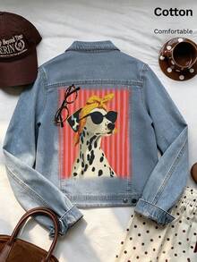 Classic Women's Denim Jacket For All Seasons, Cute Dog Pattern, White Ink Direct-To-Garment Print, Loose-Fit Versatile Casual Top - Light Denim Blue 3 - View 3