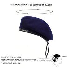 1pc Men's Wool Beret Military Hat, Adjustable Outdoor Sun Protection Casual Cap, Suitable For Autumn/Winter - Navy Blue - View 2
