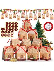 24pcs Christmas Gingerbread House Gift Boxes With Countdown Calendar Stickers, Cartoon Santa Claus, Snowman And Christmas Tree Festive Designs, Kraft Holiday Present Paper Packaging Boxes For Xmas Party Favors Decor, Christmas Decor - Multicolor - View 1