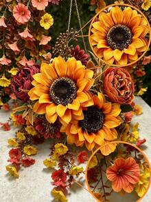 1 Set Autumn Artificial Sunflower & Morning Glory Vine - Rusty Orange & Red Mixed Tone Hanging Design, Suitable For Living Room And Halloween Home Decor - Orange - View 4
