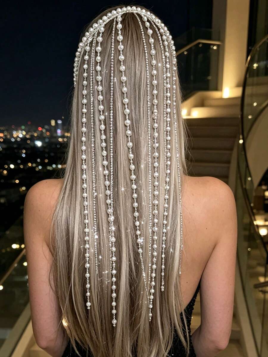 Exquisite Shiny Hollow Mesh Hair Chain Tassel Hair Accessory, Versatile For Women, Suitable For Banquet And Party - Silver - View 1