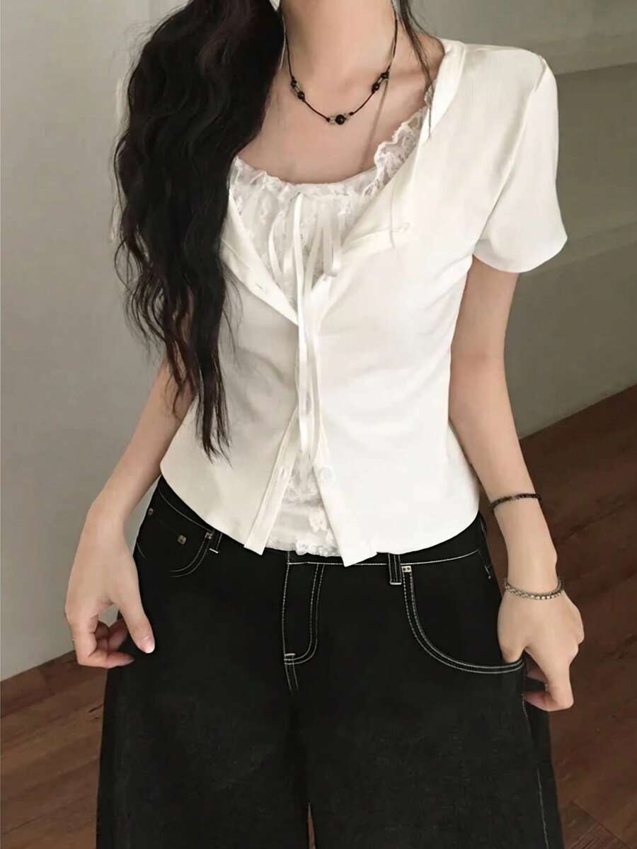 Women's Lace Patchwork Casual Versatile Daily Wear Short Sleeve T-Shirt White Summer - White - View 1