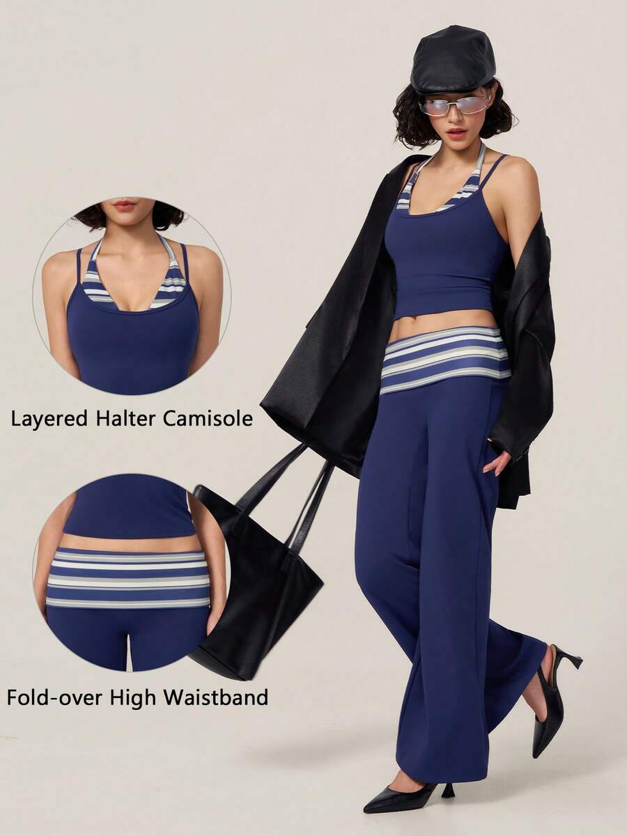 TimeOff Women's One Set Striped 2 In 1 Spaghetti Strap Tank Top With Folded Waist Wide Leg Pants Running Gym Workout Set - Blue - View 1
