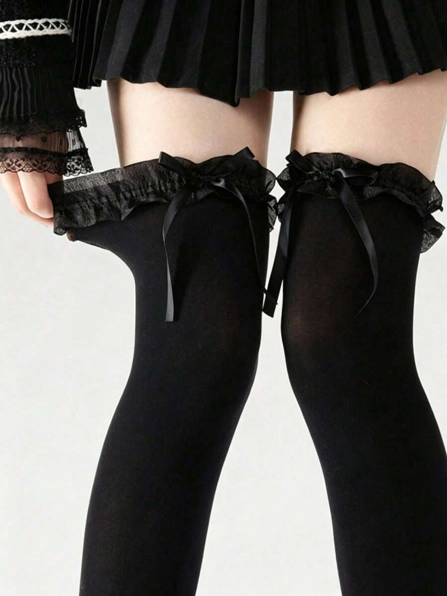 1 Pair Bowknot Lace Over-The-Knee Socks, Suitable For Matching With Skirts