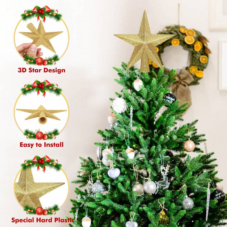 1pc, Glitter Golden Star Christmas Tree Topper, Festive Indoor Holiday Decoration With Sparkling Metallic Design For Christmas Trees, Holiday Decor For Home & Xmas Tree - Multicolor - View 1