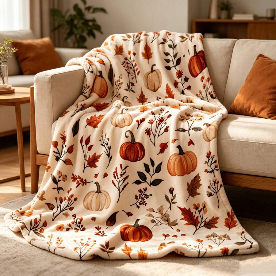 1PC Autumn Pumpkin & Maple Leaf Print Blanket, Harvest Season Theme Sofa Throw, Vintage Atmosphere Home Decor Casual Blanket - Multicolor - View 1