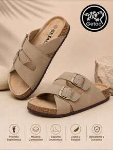 GETAC CHANCLAS MUJER, SANDALIAS HOMBRE con Plantilla de corcho Forro gamuza Suela Antiderrapante EVA PANTUNFLAS Unisex, Broche hebilla con Correas ajustables Cómodas estilo casuales playa. - Cafe oscuro - Ver 1
