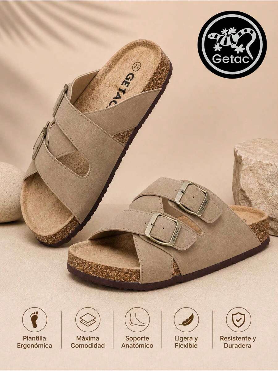 GETAC CHANCLAS MUJER, SANDALIAS HOMBRE con Plantilla de corcho Forro gamuza Suela Antiderrapante EVA PANTUNFLAS Unisex, Broche hebilla con Correas ajustables Cómodas estilo casuales playa. - Cafe oscuro - Ver 1