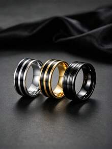 3PCS Minimalist Business Striped Stainless Steel Men's Rings, High-End Men Jewelry, Versatile Commemorative Accessories For Daily Party Banquet - Multicolor - View 1