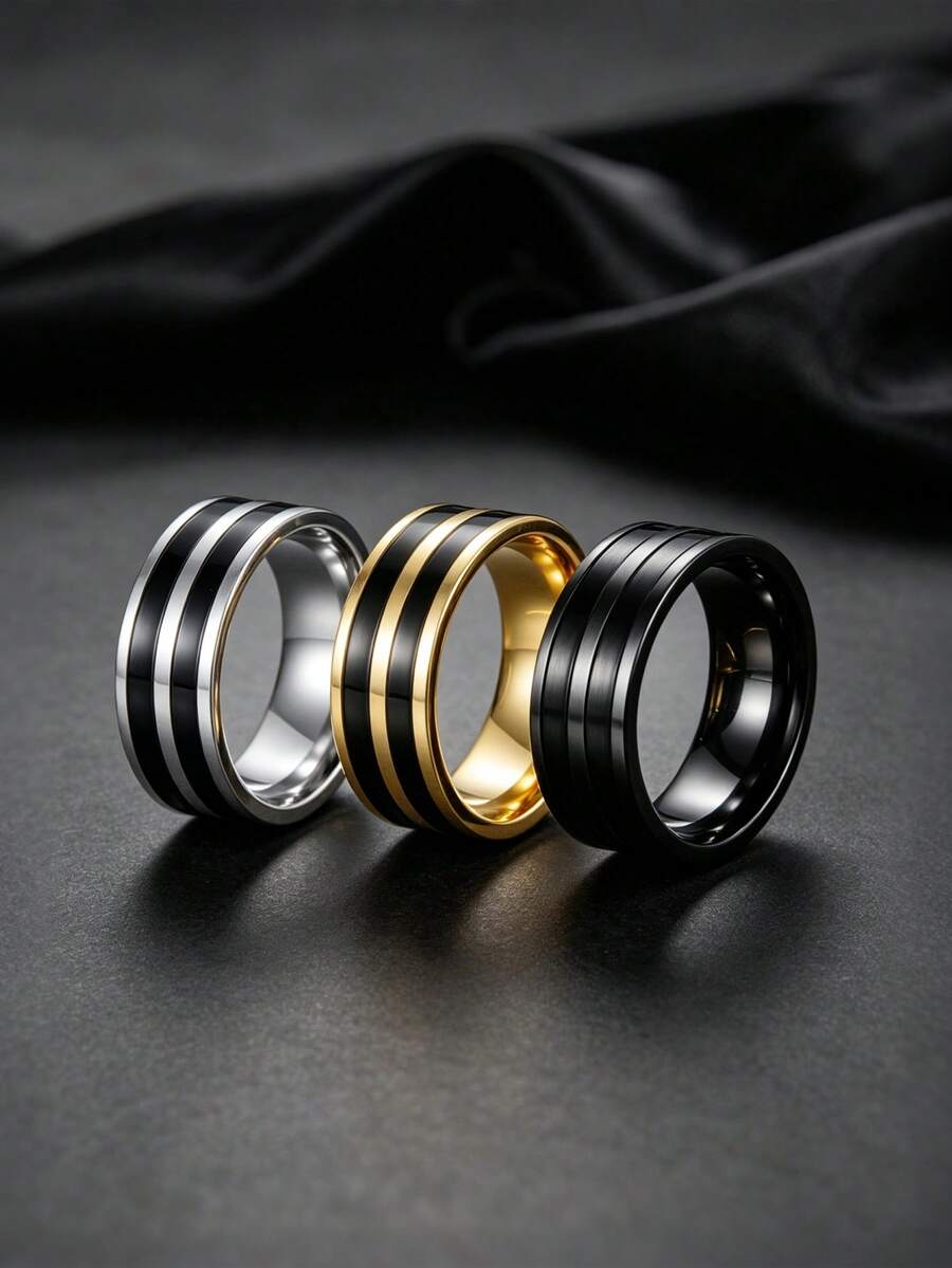 3PCS Minimalist Business Striped Stainless Steel Men's Rings, High-End Men Jewelry, Versatile Commemorative Accessories For Daily Party Banquet - Multicolor - View 1