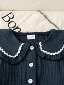 Conjunto de blusa de manga larga con cuello Peter Pan con volantes y falda azul de estilo preppy lindo para niña bebé en otoño/invierno para salidas y fiestas - Azul - Ver 5