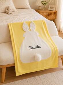 1pc Customized Name Embroidered 3D Rabbit Applique Knitted Blanket, Shaped Pattern With Pom Pom Tail And Ribbed Hem, 3 Colors Available, Suitable For Home Space, Sofa Bedroom Living Room Decorative Blanket, Ideal Holiday Gift For Family Members - Multicolor - View 4