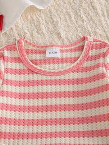Autumn/Winter Baby Girl Pink & White Striped Bubble Texture Long Sleeve Inner Shirt & 3D Towel Embroidery Watermelon & Washed Denim Wide Leg Overalls 2 Pieces Set - Pink - View 4