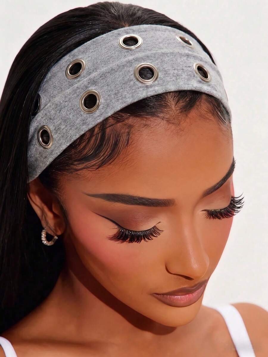 1 Buah Bando Grommet untuk Wanita Gaya Y2K Punk, Bando Elastis Lebar, Warna Abu-abu, Penutup Kepala Anti Selip untuk Olahraga, Penahan Keringat, dan Rambut Rontok. - Grey - View 1