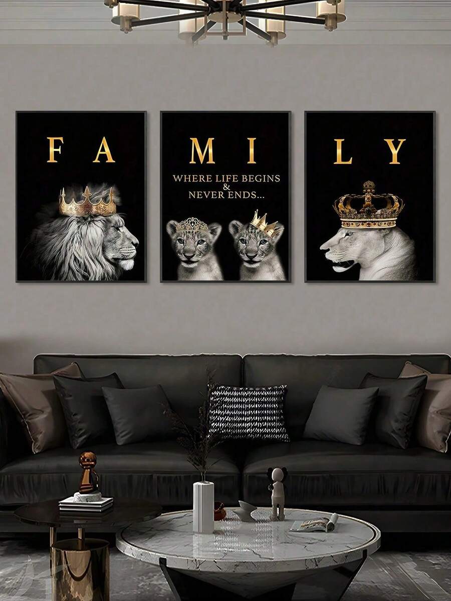 3pcs Modern Abstract Lion Family Inspirational Quote Wall Art Canvas Painting, Suitable For Living Room Decor, Frameless - Multicolor - View 1