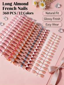 360pcs Medium-Long Almond-Shaped White Gradient Nail Tips, Minimalist French Tip Design, Perfect Fit Long Almond Acrylic False Nails Set, French Almond Nail Tips, Suitable For Women's Daily Work, Holiday Parties And Other Occasions - Multicolor - View 3