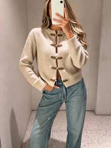 MORI Autumn/Winter Y2K Elegant Oatmeal Beige Round Neck Button-Up Long Sleeve Knit Cardigan Sweater For Women, Suitable For Outings, Parties, Vacation Wear - Apricot - View 4