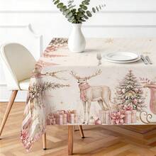 1pc Pink Reindeer Christmas Tablecloth, Pink Christmas Tree Reindeer Sleigh Gift Print Pattern, Polyester Material Single-Sided Print, Suitable For Tabletop, Washable And Reusable, Suitable For Indoor, Outdoor, Yard, Wedding, Banquet, Party, Outdoor Dining, Suitable For Craft Exhibition, Banquet Event Decoration - Multicolor - View 3
