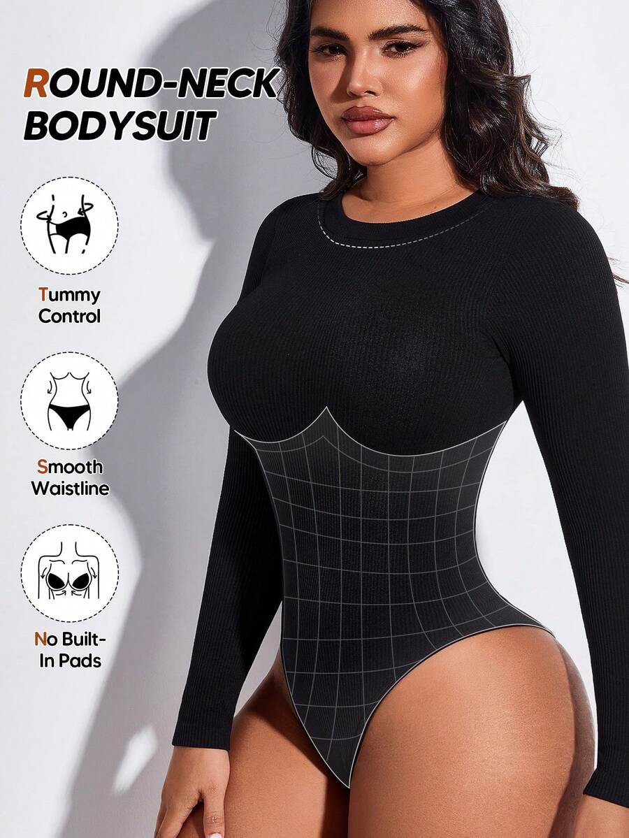 Body de mujer de color liso con cuello redondo, manga raglán ajustada, elegante para verano y otoño en negro - Negro - Ver 1