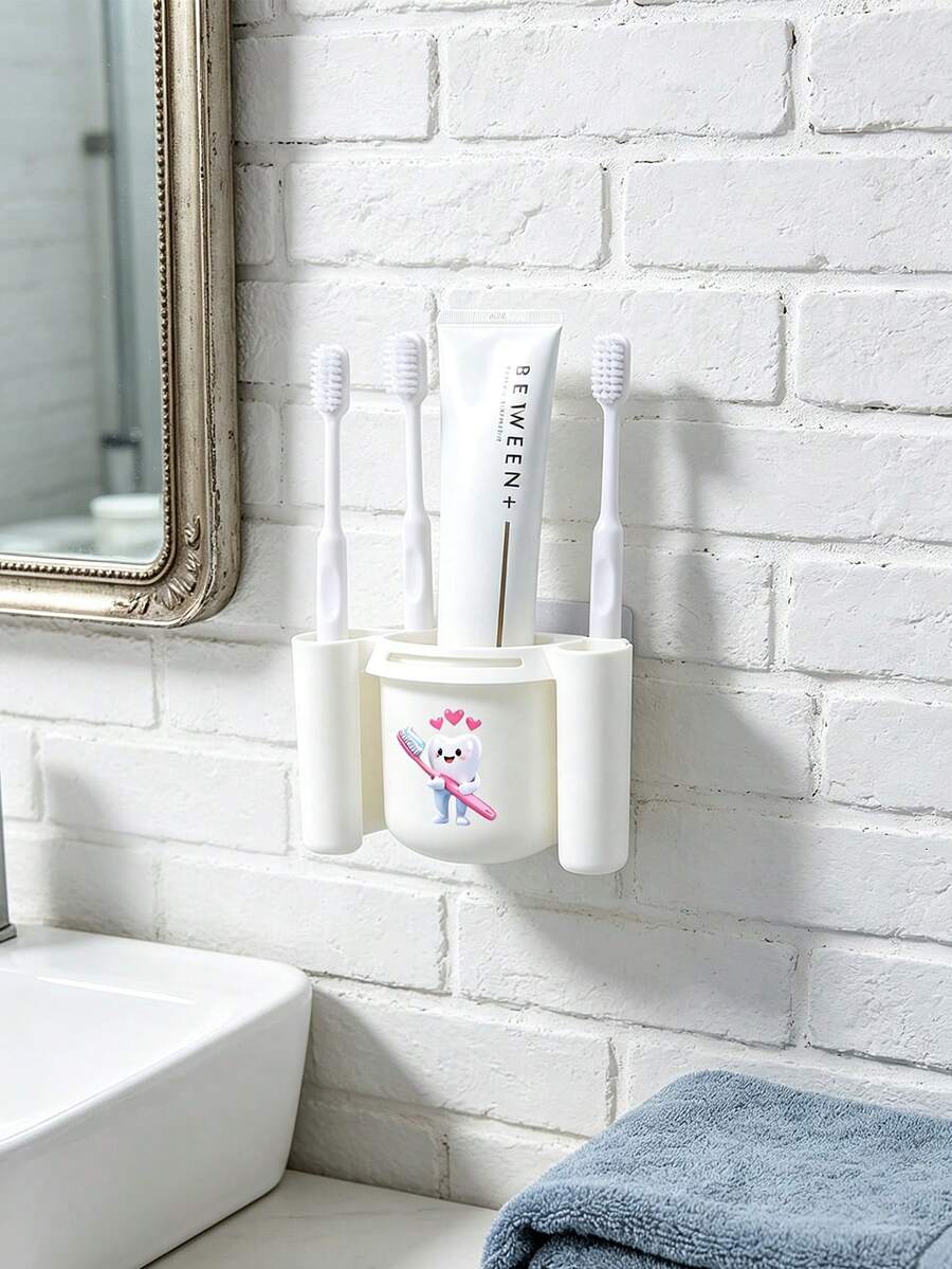 Cute Tooth-Shaped Pattern Toothbrush Holder&Clip Set–Adhesive Wall-Mounted Storage Rack For Bathroom,Toilet,Washroom–Space-Saving,Leak-Proof,Easy To Clean–For Home,Dorm,Office–Gift For Students,Families–For Back-To-School,Housewarming,Birthday - Multicolor - View 1