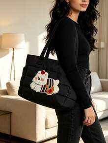Lightweight Fluffy Compartment Tote Bag, Quilted Shoulder Handbag, Cute Towel Embroidery Shoulder Bag, Commuter Work Bag, Includes Quilted Heart Makeup Bag, Portable Wristlet Coin Purse, Suitable For Travel, Work, Fitness, Back To School, Classes And Commuting, Meets Daily Storage Needs For Various Items - Multicolor - View 3