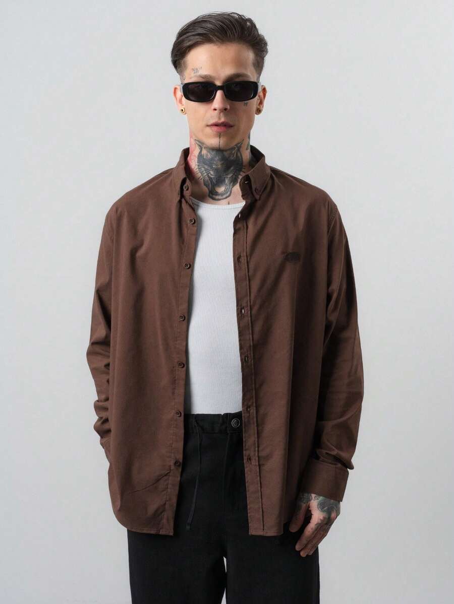Men's Embroidered Patch Long Sleeve Oversize Shirt Brown - Brown - View 1