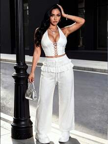 Women's Pure White Waist Ruffle Long Pants, Sexy Fashion Style, Comfortable For Travel, Suitable For Spring, Summer, Autumn And Winter - White - View 1