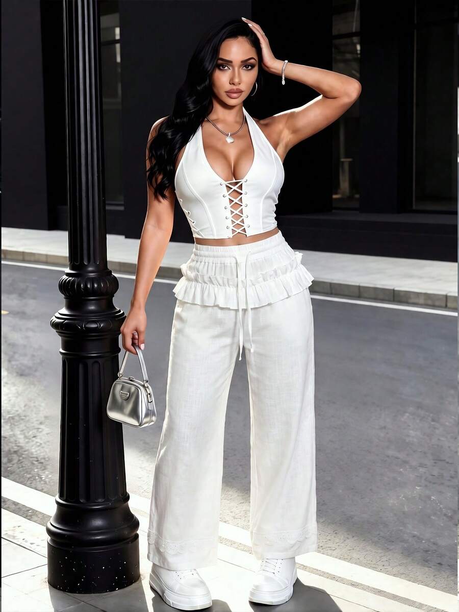 Women's Pure White Waist Ruffle Long Pants, Sexy Fashion Style, Comfortable For Travel, Suitable For Spring, Summer, Autumn And Winter - White - View 1