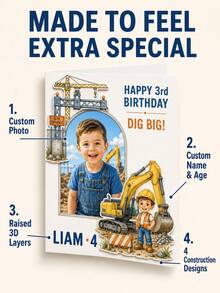Customized Photo & Text Construction Birthday Card, Includes Child's Photo, Name And Age, Excavator & Construction Site Theme, Suitable For Construction Themed Birthday Party, Special Commemorative Gift For Boys - Multi-color - View 8
