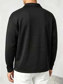 Men's Casual Versatile Minimalist English Print Commute Autumn/Winter Polo Shirt With Turn-Down Collar - Black - View 3