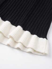 فستان نسائي خريف وشتاء أسود وأبيض بحافة مكشكشة وياقة على شكل حرف V وأزرار أمامية من نسيج محبوك مضلع، أكمام طويلة وخصر مشدود وقصة ضيقة قصيرة أنيق وكاجوال للمواعدة وملابس المكتب - الأسود - مشاهدة 9