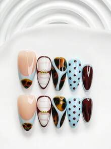 10件裝復古風手工穿戴甲，Poly Gel美甲套組，鋼珠波點設計，棕色與藍色指甲油，俏皮風格，附美甲工具，3種尺寸可選：方形、短方形、杏仁形，適合派對、跳舞、日常配戴 - 彩色 - 查看 16