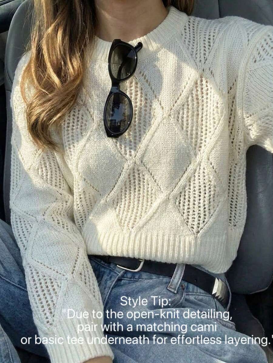 Sweater Rajut Pendek Lengan Panjang Model Kerah Bulat Berlubang Berlian Warna Polos Minimalis untuk Anak Perempuan, Cocok untuk Pakaian Kasual di Musim Semi, Gugur, dan Dingin - Aprikot - View 1