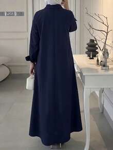 女款休閒極簡翻領長袖半開襟側開衩長版襯衫，純色梭織面料，前開鈕扣，通勤辦公日常穿著，春秋冬季 - 寶藍色 - 查看 3