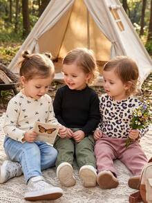 3pcs/Set Baby Girl Fashion Autumn Leopard Print Bow Long Sleeve T-Shirt, Children Simple Basic Elastic Ruffle Collar Spring Top - Multicolor - View 8