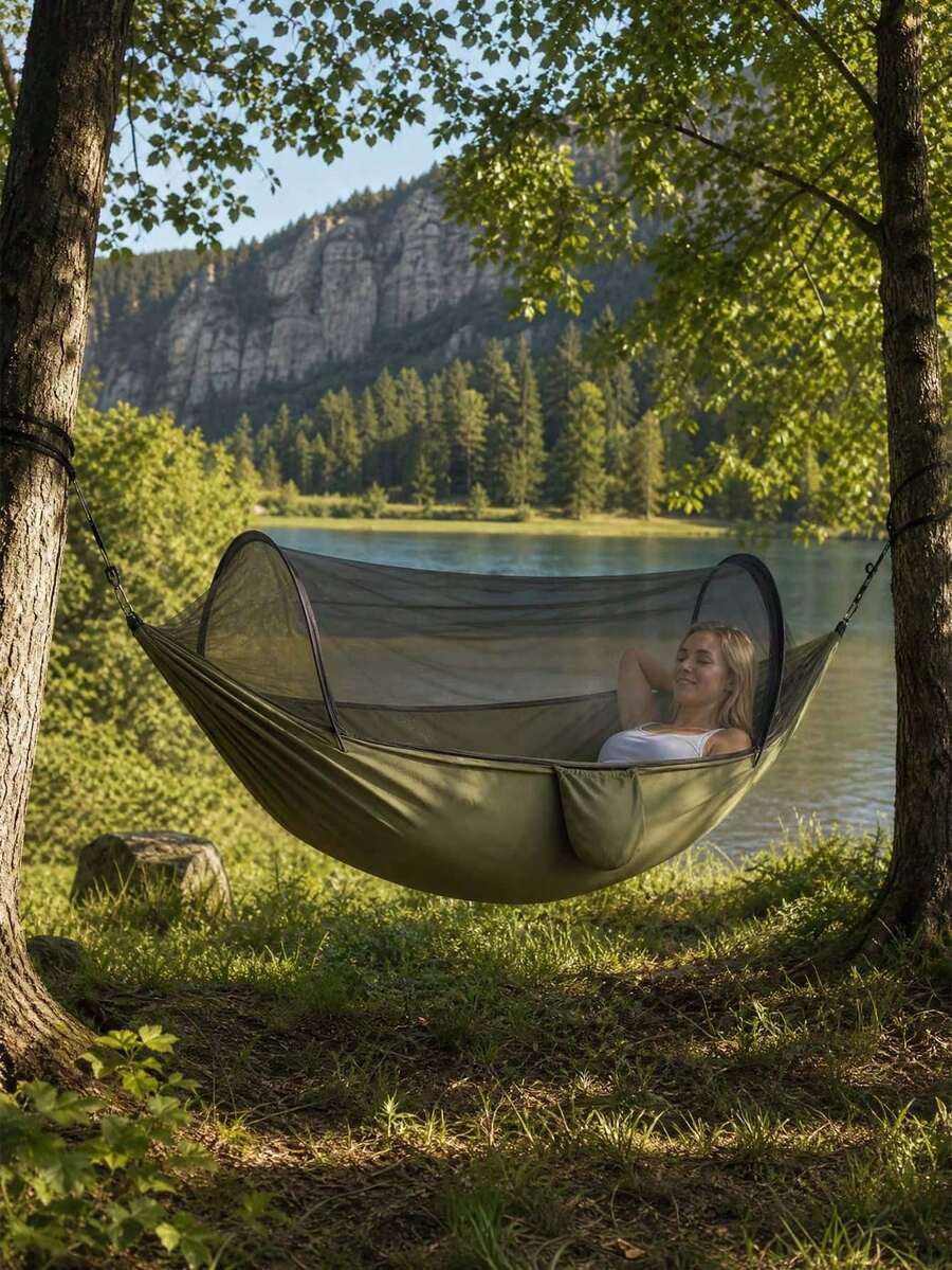 1pc Camping Hammock With Built‑In Mosquito Bug Net, Portable Lightweight Parachute Nylon Hanging Bed, Anti‑Insect Hammock Tent With Side Storage Pocket, Outdoor Swing Bed For Hiking, Backpacking, Garden Backyard Camping Use