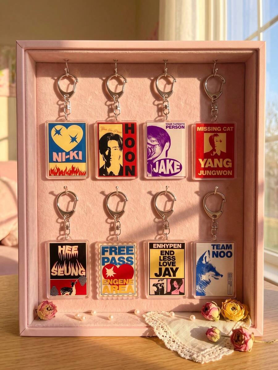 1pc/8pcs K-Pop EN-HYPEN Members Aesthetic Acrylic Keychains, Member Series Stamp Design, Rectangular Pattern Pendant, Backpack And Car Key Accessory, K-Pop Fan And ENGENE Fan Gift - Multicolor - View 1