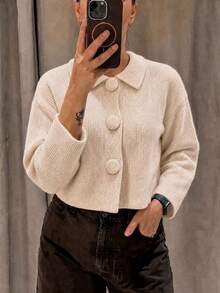 Sweater Rajut Leher Bulat Berwarna Abu-abu Muda Elegan dengan Motif Bercak, Atasan Serbaguna untuk di Rumah, Kantor, dan Perjalanan - Aprikot - View 4