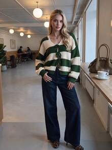 Women Autumn Striped Knit Cardigan V Neck Tie Front Long Sleeve Fall Outfits For Women Casual Tops - Multicolor - View 6
