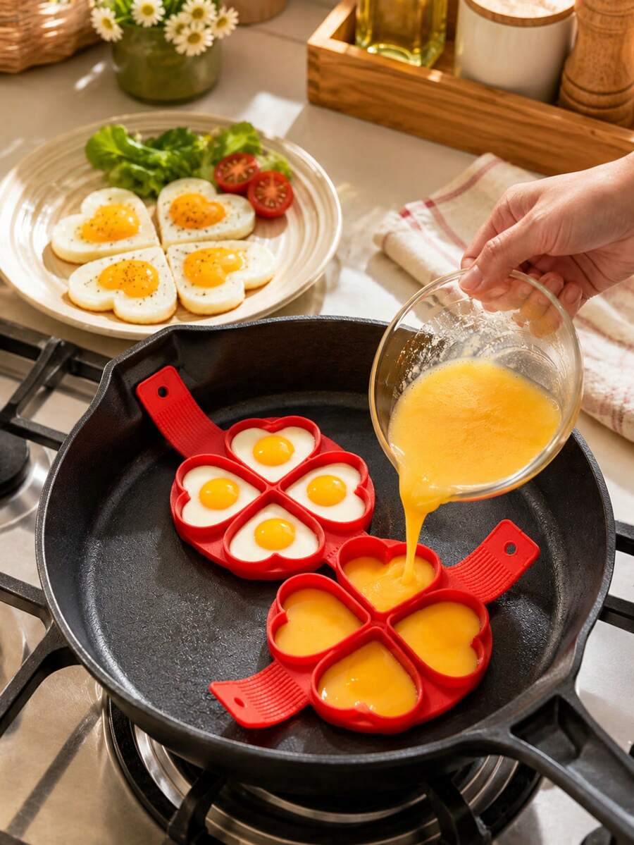2pcs 4-Hole Heart-Shaped - Silicone Egg Poacher - Red Egg Making Tray - Non-Stick Cooking Tool - Suitable For Pancakes, Sandwiches, Breakfast - Multicolor - View 1