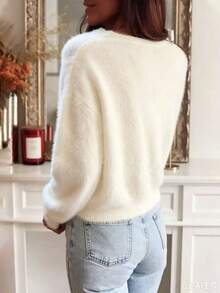 Minimalist Solid Color Velvet Women's Dress, Suitable For Dates, Holidays, And School, Autumn/Winter White - White - View 5